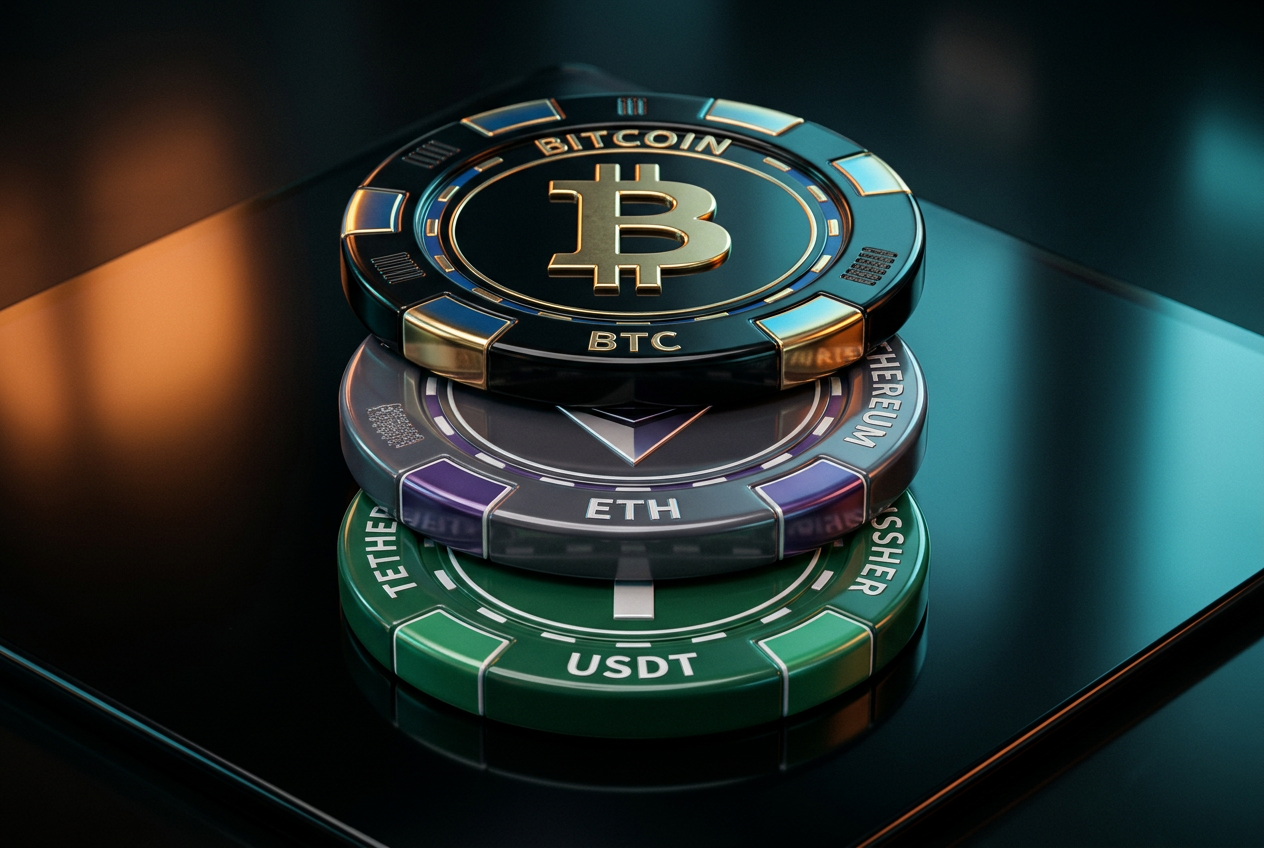 Porównanie monet Bitcoin Ethereum oraz Tether na żetonach pokerowych