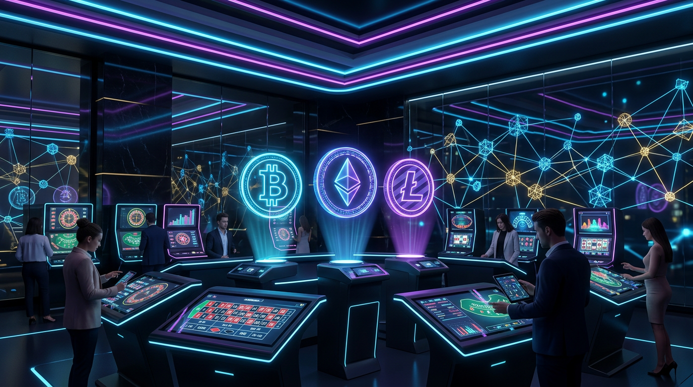 Nowoczesne krypto kasyno z elementami technologii blockchain i neonowymi logotypami kryptowalut