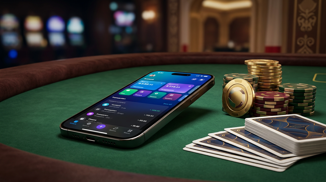Smartfon z aplikacją płatniczą Revolut na eleganckim stole kasynowym obok żetonów i kart do gry