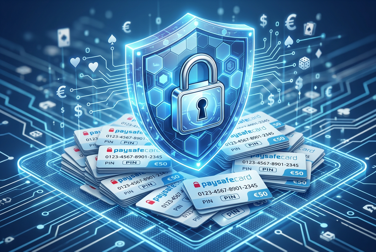 Ilustracja bezpieczeństwa cyfrowego z logiem Paysafecard i tarczą ochronną